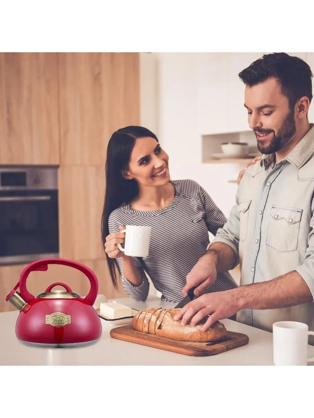 Red Kitchen Whistling Tea Kettle 2.2 Quart Stainless Steel Stovetop Induction